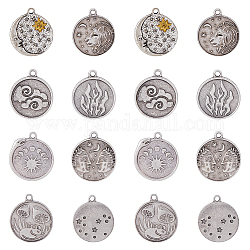 DICOSMETIC 32Pcs 8 Style Tibetan Style Alloy Pendants, Flat Round with Mixed Pattern Charms, Thai Sterling Silver Plated, 23~25x19.5~21.5x1.5~3mm, Hole: 2mm,  4pcs/style