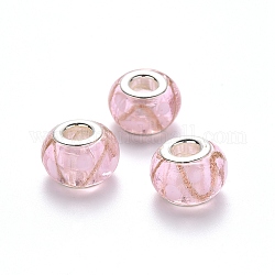 Perles européennes vernissées manuelles, perles de rondelle avec grand trou , avec double noyau en laiton scintillant et poudre de platine, verge d'or, 14x9~10mm, Trou: 5mm