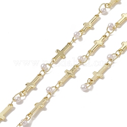 Cadenas de eslabones cruzados de latón dorado, con perlas de plástico, sin soldar, con papel de cartas, blanco, 13.5x5x2mm, 5x4.5x3mm