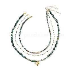 3 stücke 3 stil messing herz medaillon anhänger halsketten set, stapelbare Halsketten aus natürlichem Moosachat & Perlen & synthetischem Hämatit für Damen, golden, 15.75~20.08 Zoll (40~51 cm), 1pc / style