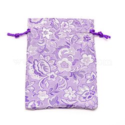 Polyester Pouches, Drawstring Bag, Rectangle with Floral Pattern, Lilac, 14x11x0.3cm