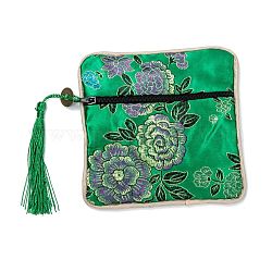 Bolsa de regalo de bolsa de joyería con cremallera de borla de brocado chino, cuadrado con diseño de flores, verde, 11.5~11.8x11.5~11.8x0.4~0.5 cm