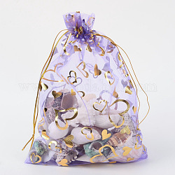 Cuore stampato borse organza, sacchetti regalo, rettangolo, viola medio, 18x13cm