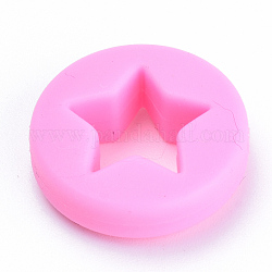 Food Grade Eco-Friendly Silicone Focal Beads, Chewing Beads For Teethers, DIY Nursing Necklaces Making, Flat Round with Star, Hot Pink, 21x7mm, Hole: 2mm