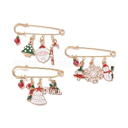 3Pcs 3 Style Christmas Tree & Santa Claus & Snowflake & Word Noel Enamel Safety Pin Brooches, Light Gold Alloy Lapel Pins for Sweater Shawl Clips Waist Pants Extender, Mixed Color, 22~43x50x4.5mm, 1Pc/style