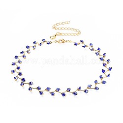 Collane girocollo con perle di vetro, con fermagli in ottone aragosta e catene intrecciate in ferro, oro, blu medio, 13.3 pollice (33.8 cm), 12mm
