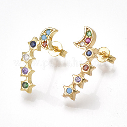 Brass Cubic Zirconia Stud Crawler Earrings, Climber Earrings, with Ear Nuts, Star and Moon, Golden, 19~20.5x8~9mm, Pin: 0.7mm