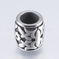 304 perline in acciaio inossidabile, botte con fiore, argento antico, 11x10mm, Foro: 6 mm