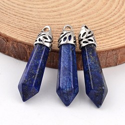 Balle teint lazuli naturel pendentifs lazuli, avec les accessoires en alliage de tonalité de platine, 33~40x8~10mm, Trou: 3x2mm