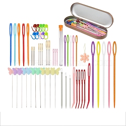 Kits de herramientas para tejer diy, incluyendo agujas de jardín, agujas romas de ojo grande, marcador de punto, enhebrador automático fácil, color mezclado, embalaje: 175x60x15 mm