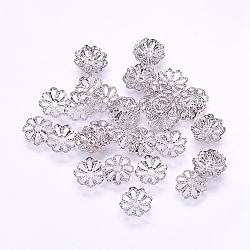 Long-Lasting Plated Brass Fancy Bead Caps, Multi-Petal, Real Platinum Plated, Flower, 8x1mm, Hole: 1mm