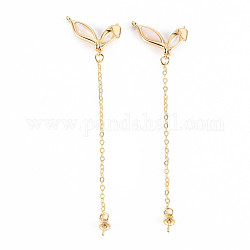 Brass Freshwater Shell Peg Bails Pendants, with Chain, for Half Drilled Bead, Nickel Free, Fishtail Shape, Real 18K Gold Plated, 69~71x18.5x4mm, Hole: 1mm, Pin: 0.8mm