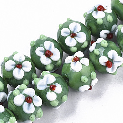 Fili di perline murano fatto a mano, fiore, verde, 11~12x11~12x10mm, Foro: 1.5 mm, circa 45pcs/filo, 17.72 pollice (45 cm)