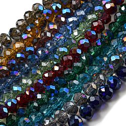 Abalorios de vidrio electroplate hebras, medio chapado, azul chapado, facetados, rerondana plana, color mezclado, 6x5mm, agujero: 1 mm, aproximamente 85~88 pcs / cadena, 16.1~16.5 pulgada (41~42 cm)