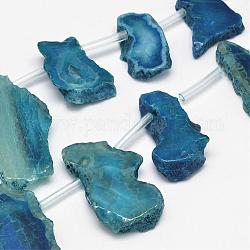 Pépites d'agate naturelles teints perles brins, bleu acier, 19~30x30~56x5~9mm, Trou: 2mm, Environ 13~15 pcs/chapelet, 15.3 pouce