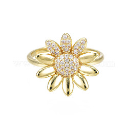 Cubic Zirconia Flower Open Cuff Ring, Real 18K Gold Plated Brass Chunky Ring for Women, Nickel Free, Clear, US Size 8 1/4(18.3mm)