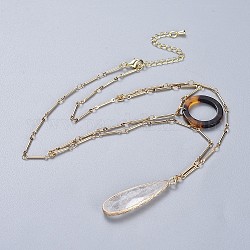Natürlichen Quarzkristall gestuften Halsketten, mit Celluloseacetat (Harz) -Ringanhängern und Messingzubehör, echtes 18k vergoldet, 14.1 Zoll (36 cm), 1 mm