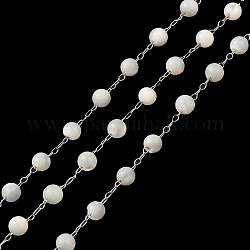 Chaînes de perles rondes en coquillage naturel, avec chaînes de câble en 304 acier inoxydable, soudé, avec bobine, couleur inoxydable, 2x0.8x0.1mm, 3.7x3.3mm