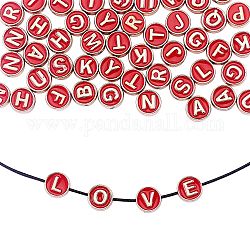 Alloy Enamel Beads, Flat Round with Letter, Light Gold, Red, 8x3.5mm, Hole: 1.4mm, 50pcs/box