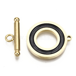 201 Edelstahl-Toggle-Haken, mit Emaille, Ring, echtes 18k vergoldet, Schwarz, Ring: 22x20x2 mm, Bohrung: 1.5 mm, Bar: 21x7x3 mm, Bohrung: 2 mm