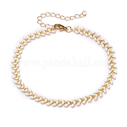 Brass Enamel Cobs Chain Anklets, with 304 Stainless Steel Lobster Claw Clasps, White, Real 18K Gold Plated, 8-1/2 inch(21.6cm)