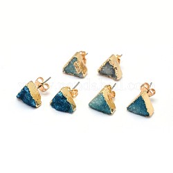 Pendiente de botón de cristal de cuarzo druzy natural, con fornituras de latón, triángulo, dorado, cielo azul profundo, 10x11x4~7mm, pin: 0.7 mm