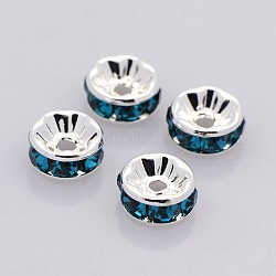 Perles séparateurs en laiton avec strass, grade AAA, bride droite, sans nickel, couleur argentée, rondelle, zircon bleu, 7x3.2mm, Trou: 1.2mm