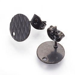 304 Stainless Steel Ear Stud Findings, Textured Flat Round with Pineapple Grain, Electrophoresis Black, 8mm, Hole: 1.2mm, Pin: 0.8mm