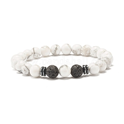 Natural Howlite Round Beaded Stretch Bracelet with Lava Rock, Oil Diffuser Power Gemstone Jewelry for Women, Inner Diameter: 2-3/8 inch(6.1cm)