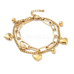 Bracelet multirangs charm coeur et boule ronde, placage sous vide 304 bracelet double chaîne en acier inoxydable pour femme, or, 7-1/2 pouce (19 cm)