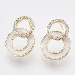 Brass Micro Pave Clear Cubic Zirconia Stud Earring Findings, with Enamel and Loop, Nickel Free, Ring, Real 18K Gold Plated, 19x14mm, Hole: 1mm, Pin: 0.8mm