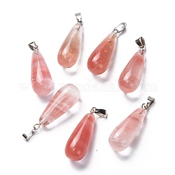 Pendentifs en verre cerise de quartz, avec les accessoires en laiton de platine, larme, 26.5~29x10mm, Trou: 2.5~3.5x4~6mm