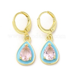 Teardrop Real 18K Gold Plated Brass Dangle Leverback Earrings, with Enamel and Glass, Pink, 29x10mm