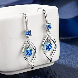 Twist Rhombus Cubic Zirconia Dangle Earrings for Girl Women, Brass Earrings, Blue, Platinum