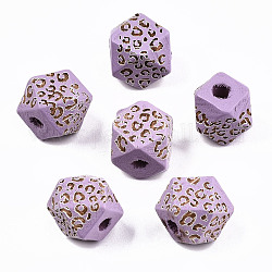 Perles de bois naturel peintes, motif gravé au laser, facette, polygone avec imprimé léopard, moyen orchidée, 10x10x10mm, Trou: 2mm
