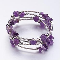 Quatre boucles envelopper perles améthyste bracelets, avec des perles de fer et des accessoires de séparateur de style tibétain fleur, violet, 2-1/8 pouce (55 mm)