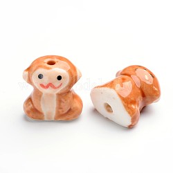 Perline porcellana fatto a mano, porcellana famille rose, dodici segni dello zodiaco cinese, scimmia, 18x17x12mm, Foro: 2~3 mm
