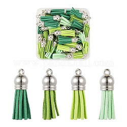 60 pièces 4 couleurs décorations de pendentif gland en faux daim, avec embouts de cordon en plastique ccb platine, verte, 33~35x10mm, Trou: 2.5mm, 15 pcs / couleur