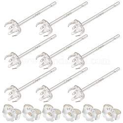 Beebeecraft 1 Box10Pcs Post Stud Earring Findings Sterling Silver Round Claw Prong Blank Earring Cabochon Settings with 3.3mm Tray and 10Pcs Ear Nuts for DIY Earrings Jewelry Making