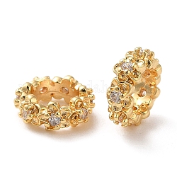 Mikropavé-Zirkonia-Perlen aus Messing im europäischen Stil, Großloch perlen, Ring mit Blume, echtes 18k vergoldet, 9.5x4 mm, Bohrung: 5.5 mm