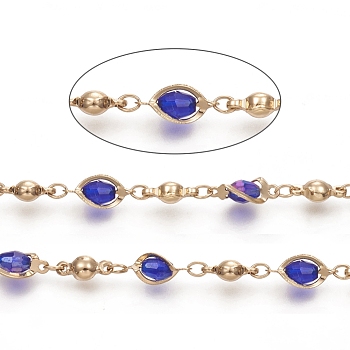 Chaînes de perles de verre soudées à la main de 3.28 pied, avec lien ovale en fer, Plaqué longue durée, or clair, 13x6~6.5x4mm