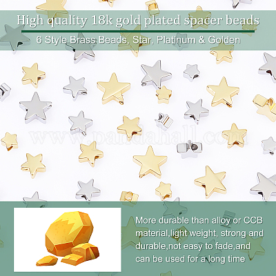 PandaHall Elite 60Pcs 6 Style Brass Beads, Star, Platinum & Golden,  4~8x4~8x2.5mm, Hole: 1~1.5mm, 10pcs/style