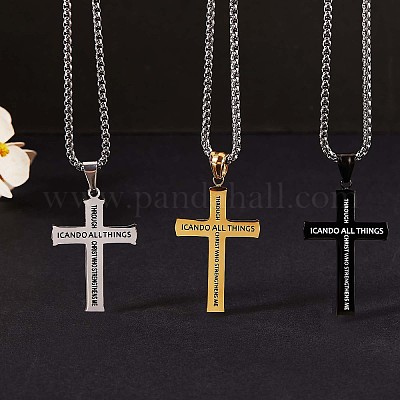 Flongo Collana da Uomo Donna, Croce Bibbia Philippians 4:13, in Acciaio Inossidabile, Collana Preghiera, Regalo