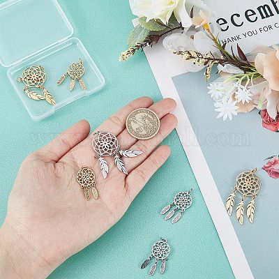 SUNNYCLUE 1 Box 8pcs Dream Catcher Charms Dream Catchers Charm Stainless Steel Feather Charm Hollow Metal Double Sided Charms for