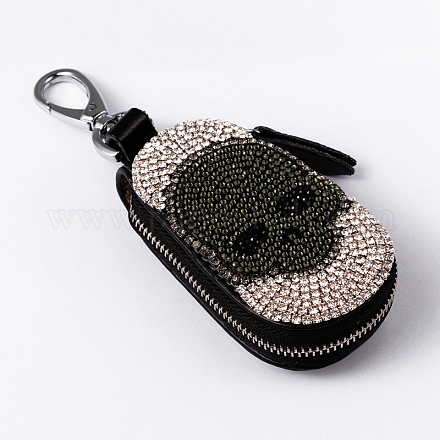 Porte-clés ovale en cuir tête de mort avec strass KEYC-K004-03-1
