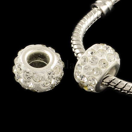 Perles de grand trou européennes en strass en pâte polymère avec noyaux en laiton plaqué couleur argent X-FPDL-R002-16-1