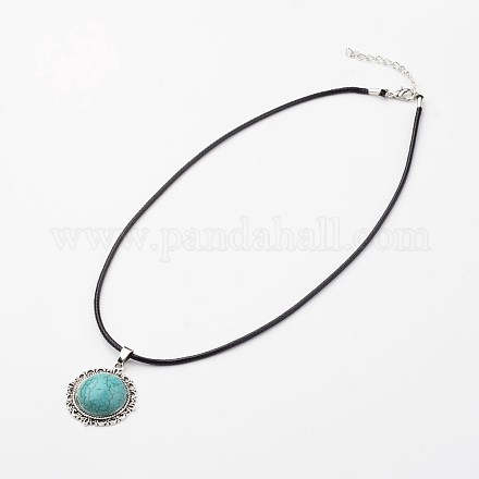 Flat Round Tibetan Style Alloy Synthetic Turquoise Pendant Necklaces NJEW-F197-17-1