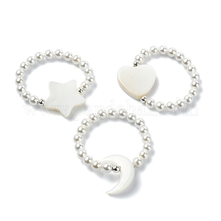 3 Uds. Conjunto de anillos elásticos con cuentas de concha y perlas naturales de 3 estilos RJEW-TA00100-1