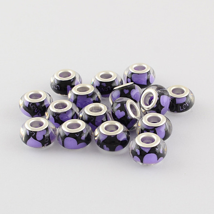 Large Hole Heart Pattern Resin European Beads with Silver Color Plated Brass Double Cores OPDL-R113-06C-1