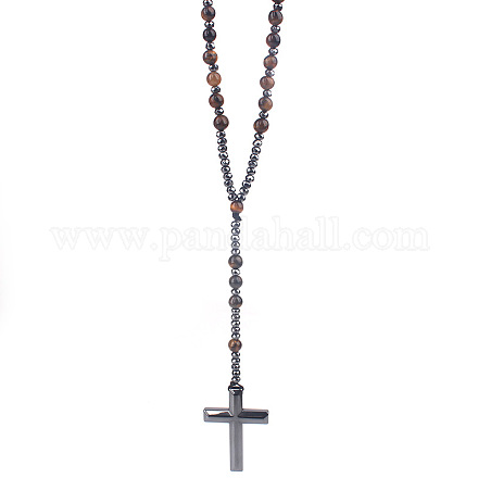 Collana con perle di rosario in occhio di tigre naturale WG81562-01-1